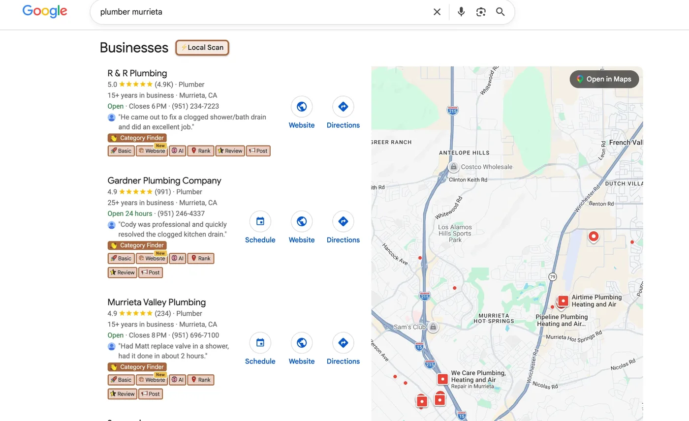 Local plumbing search on Google Maps